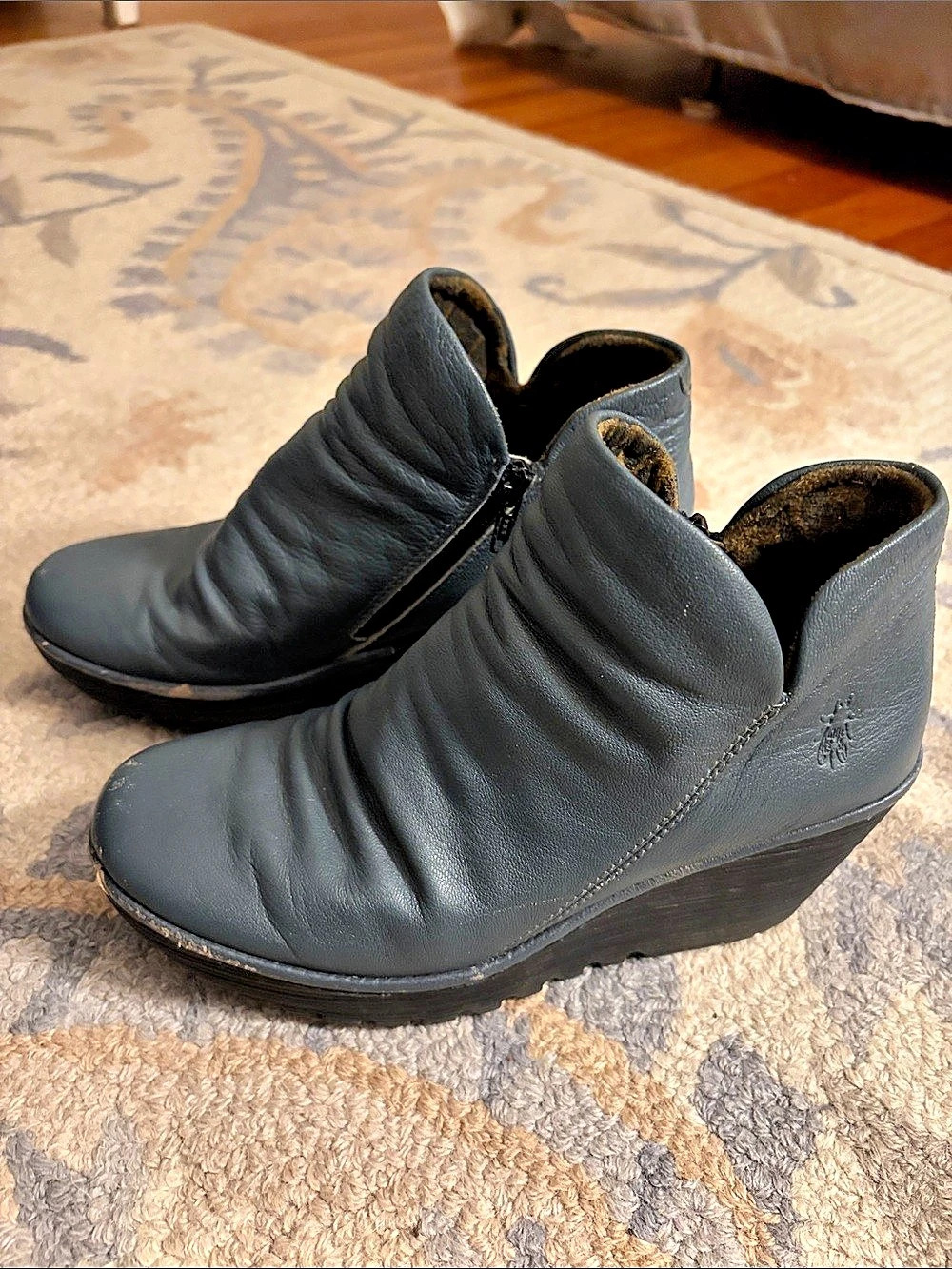 Fly London Slate Blue Leather Wedge Ankle Boots EU 38 (U.S. 7.5 to 8)